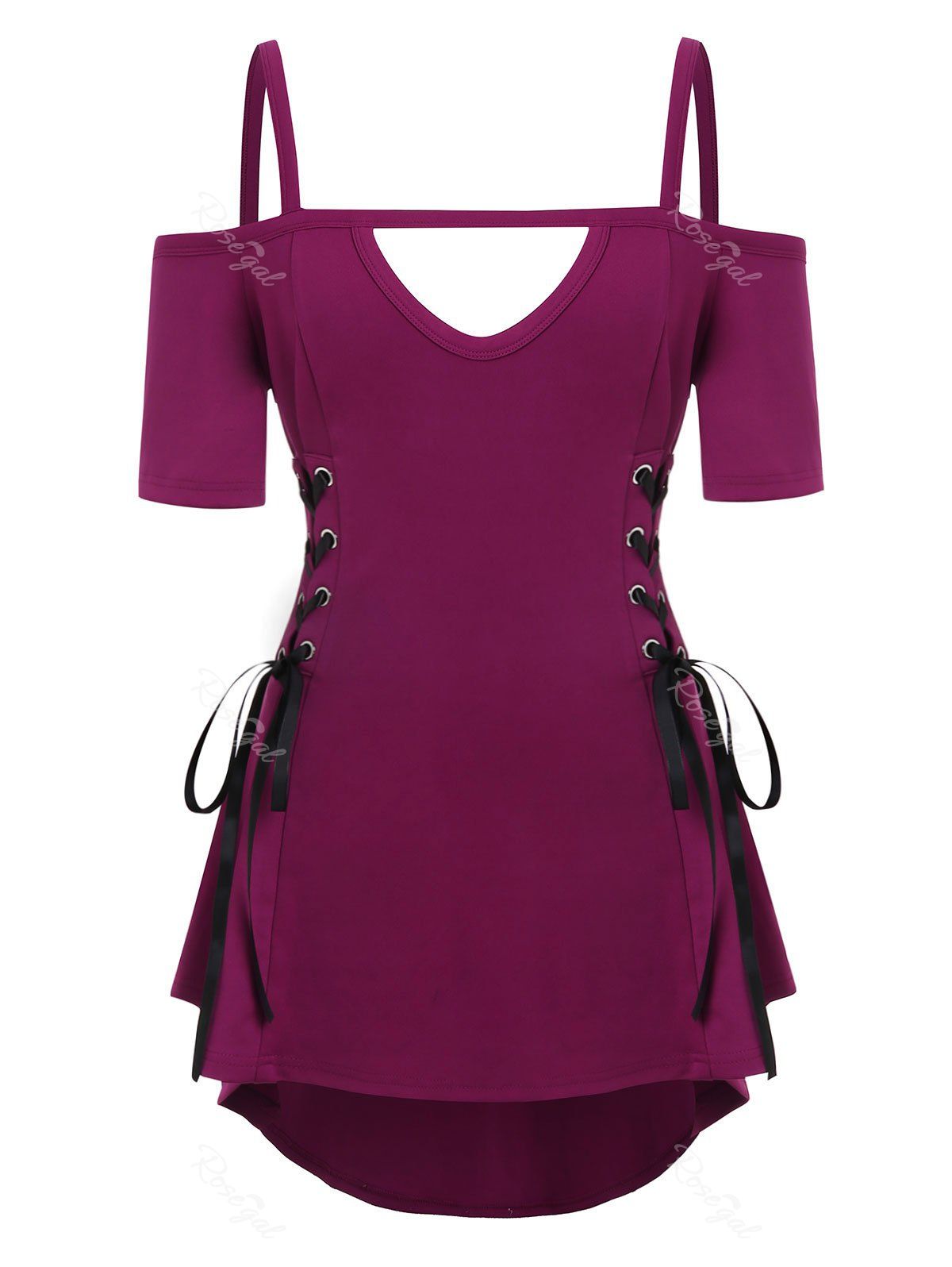 

Plus Size High Low Cut Out T Shirt, Red wine