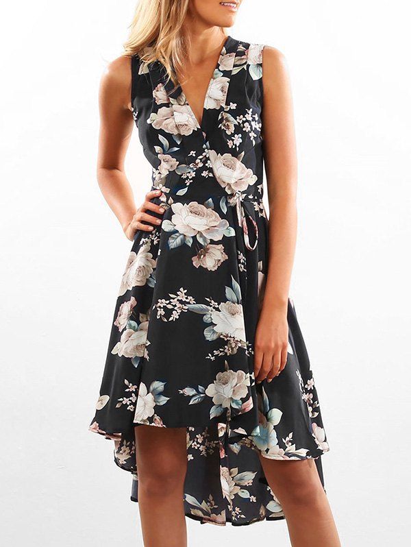 

Wrap Floral Print High Low Hem Dress, Black