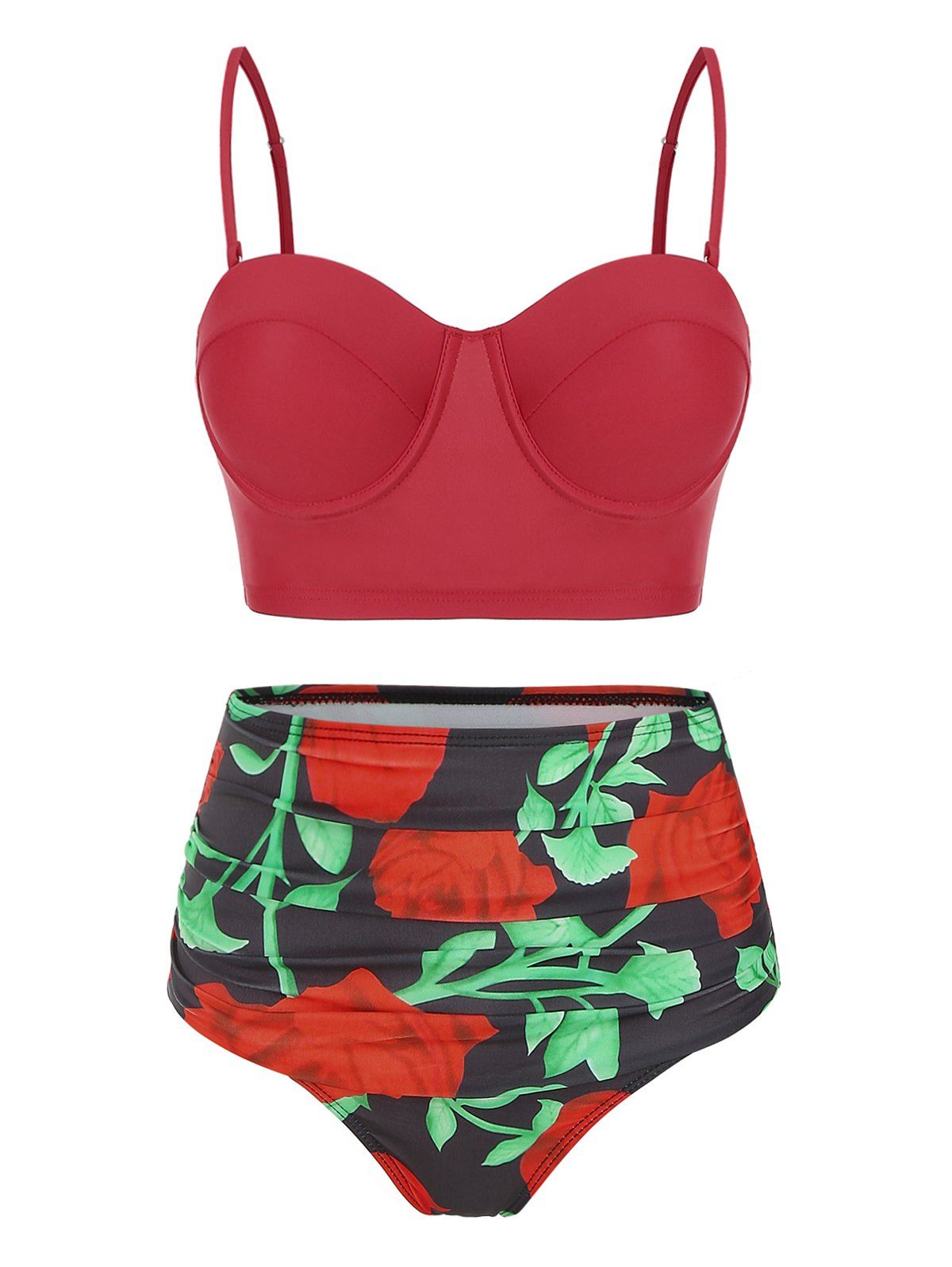 

Flower High Waisted Ruched Bikini Set, Red