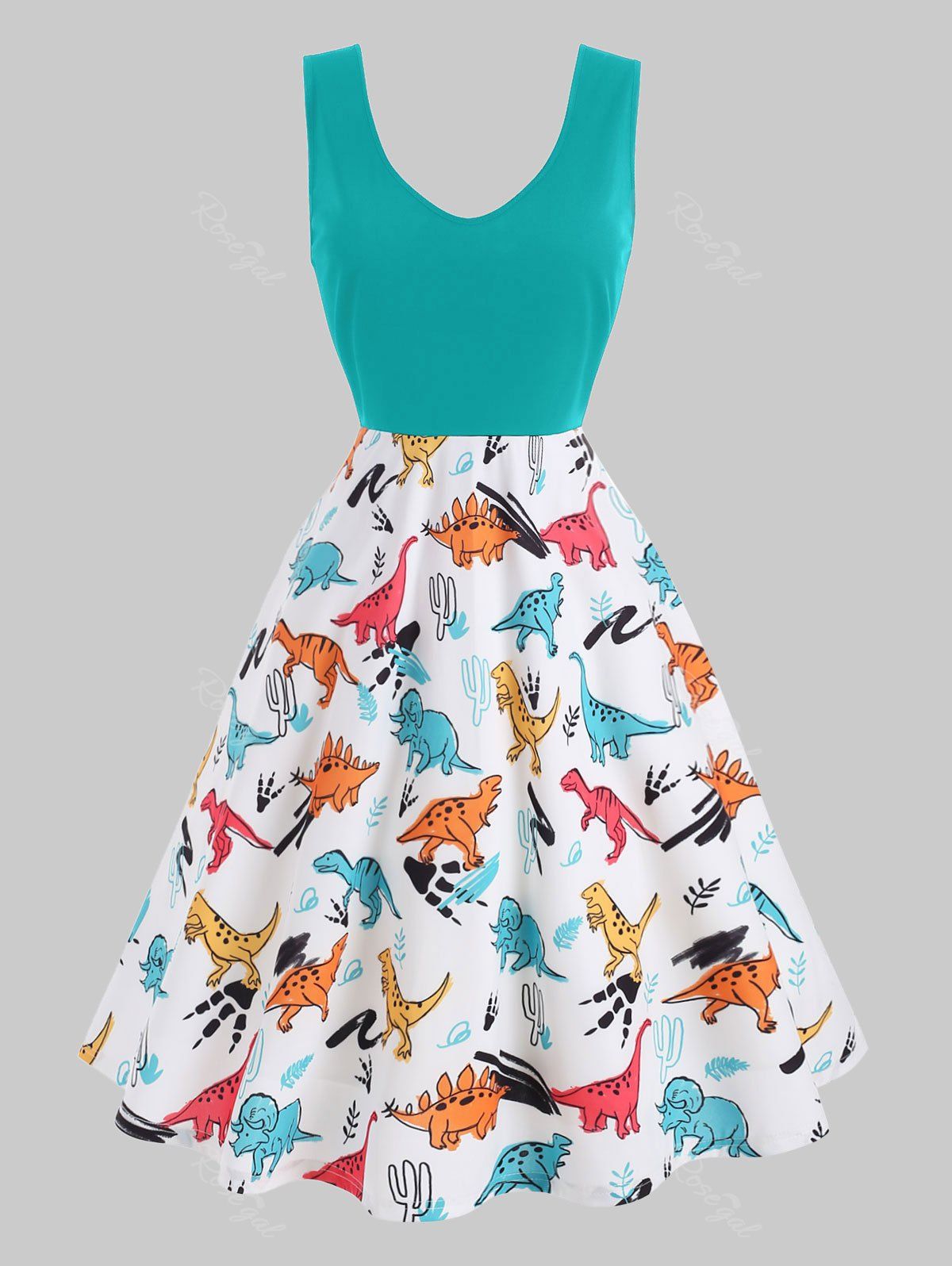 

Plus Size Dinosaur Print Fit and Flare Dress, Macaw blue green