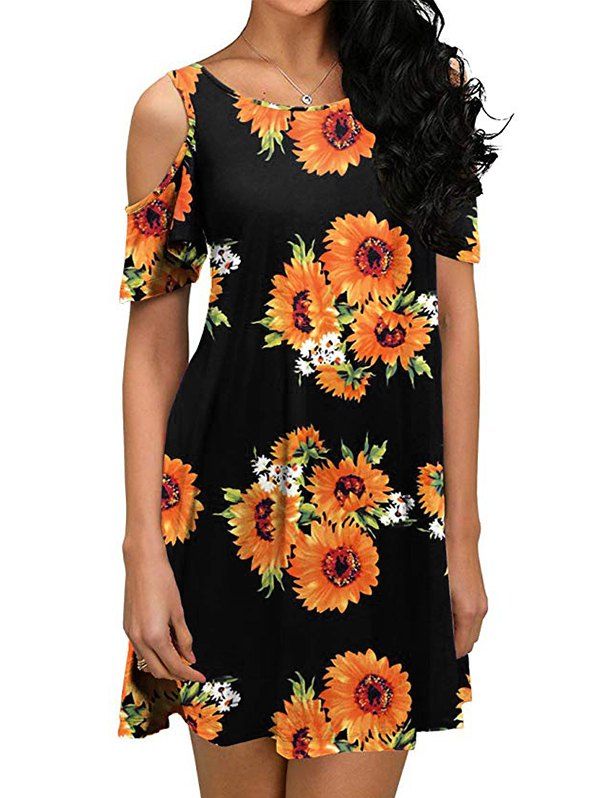 

Flower Open Shoulder Mini Dress, Multi-b