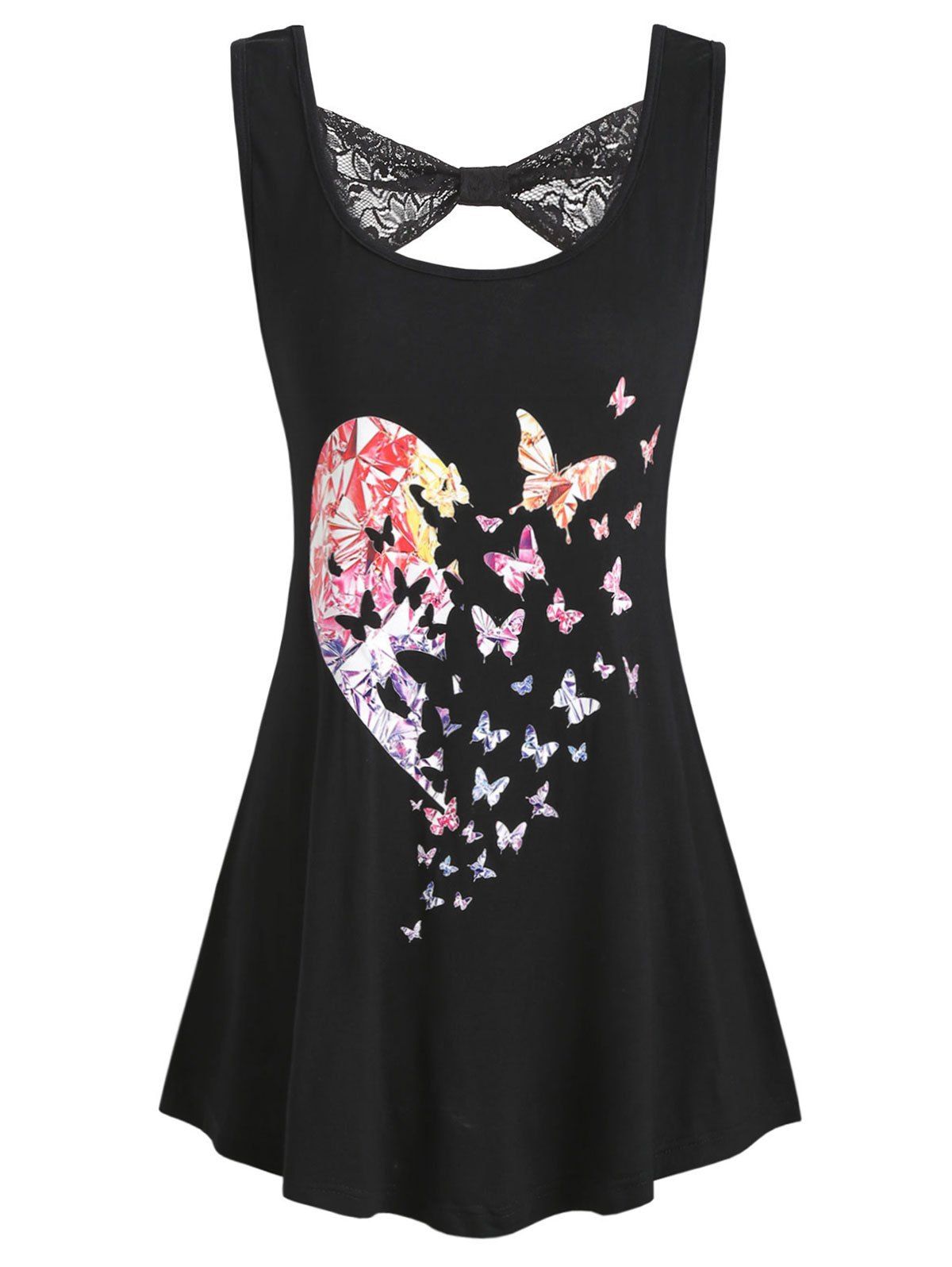 

Heart Butterfly Print Lace Panel Tank Top, Black