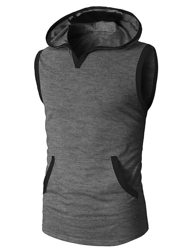 Pocket Decoration Hooded Tank Top, Gray