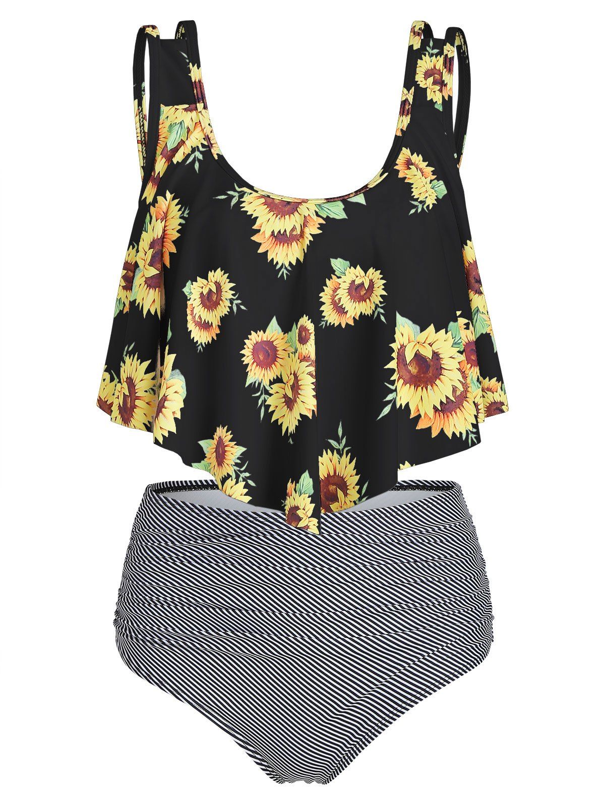 

Sunflower Striped Flounce Tankini Set, Black