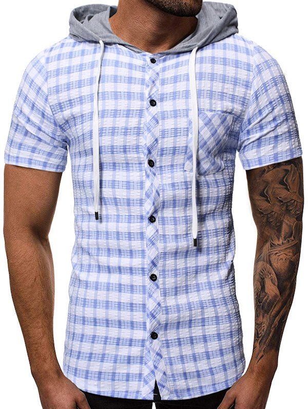 

Plaid Print Hooded Short Sleeves Shirt, White