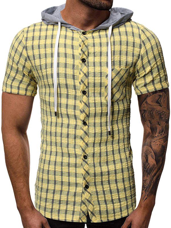 

Plaid Print Hooded Short Sleeves Shirt, Yellow