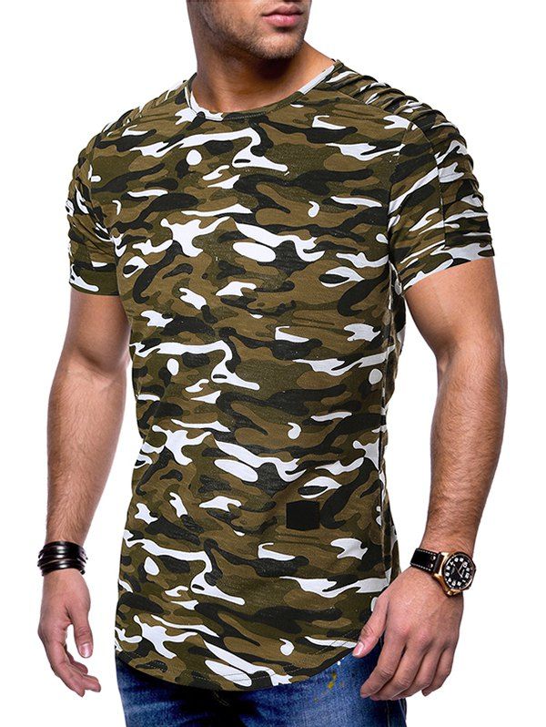 

Pleated Raglan Sleeves Curved Hem T-shirt, Acu camouflage