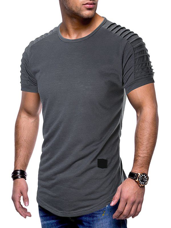 

Pleated Raglan Sleeves Curved Hem T-shirt, Dark gray