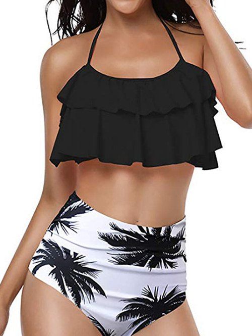 

Palm Tree Print Knotted Halter Bikini Set, Black