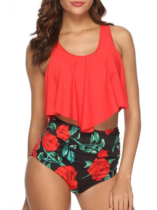 

Floral Print U Neck Tankini Set, Red