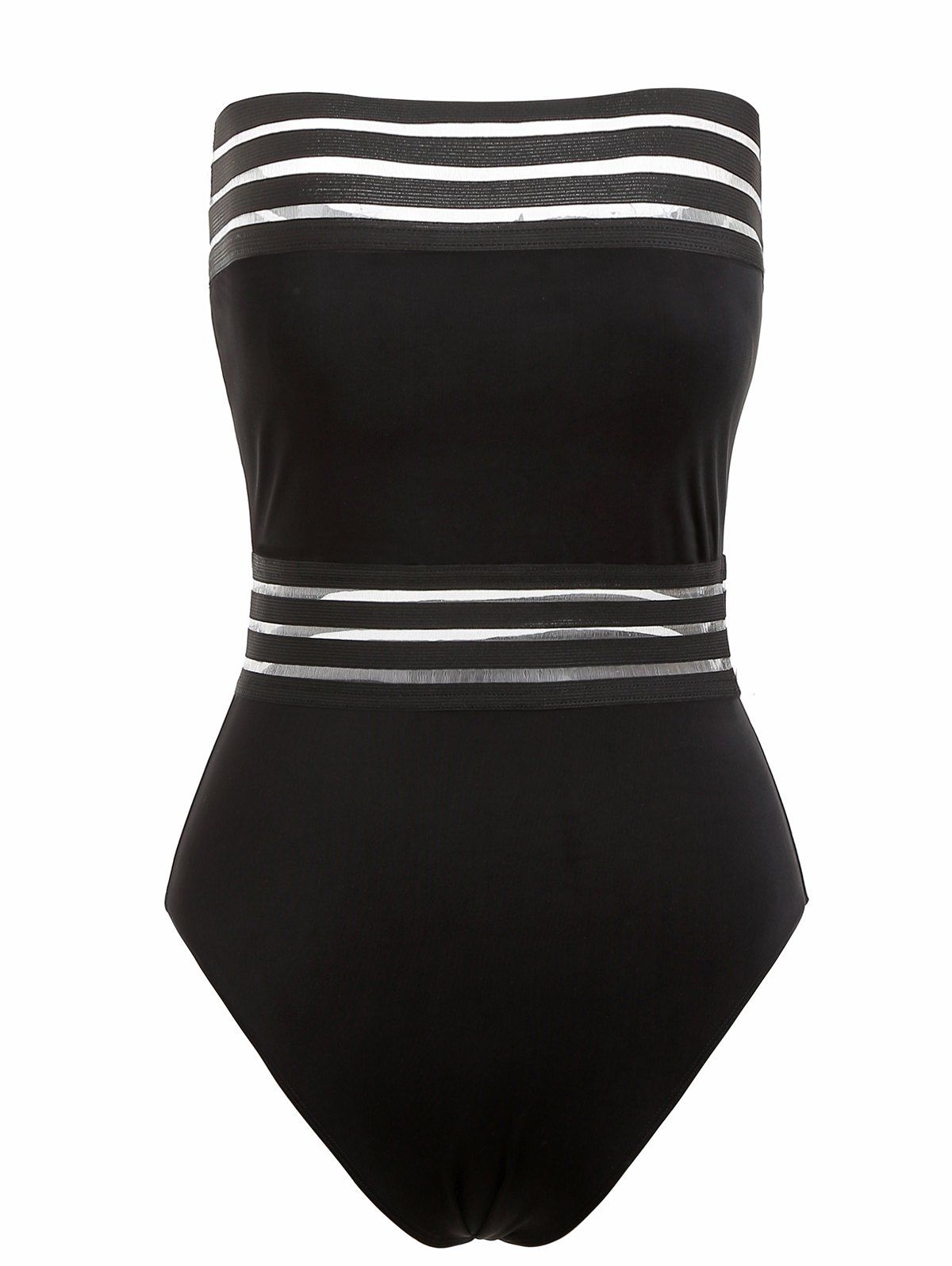 

Strapless Sheer Striped High Leg Swimsuit, Black
