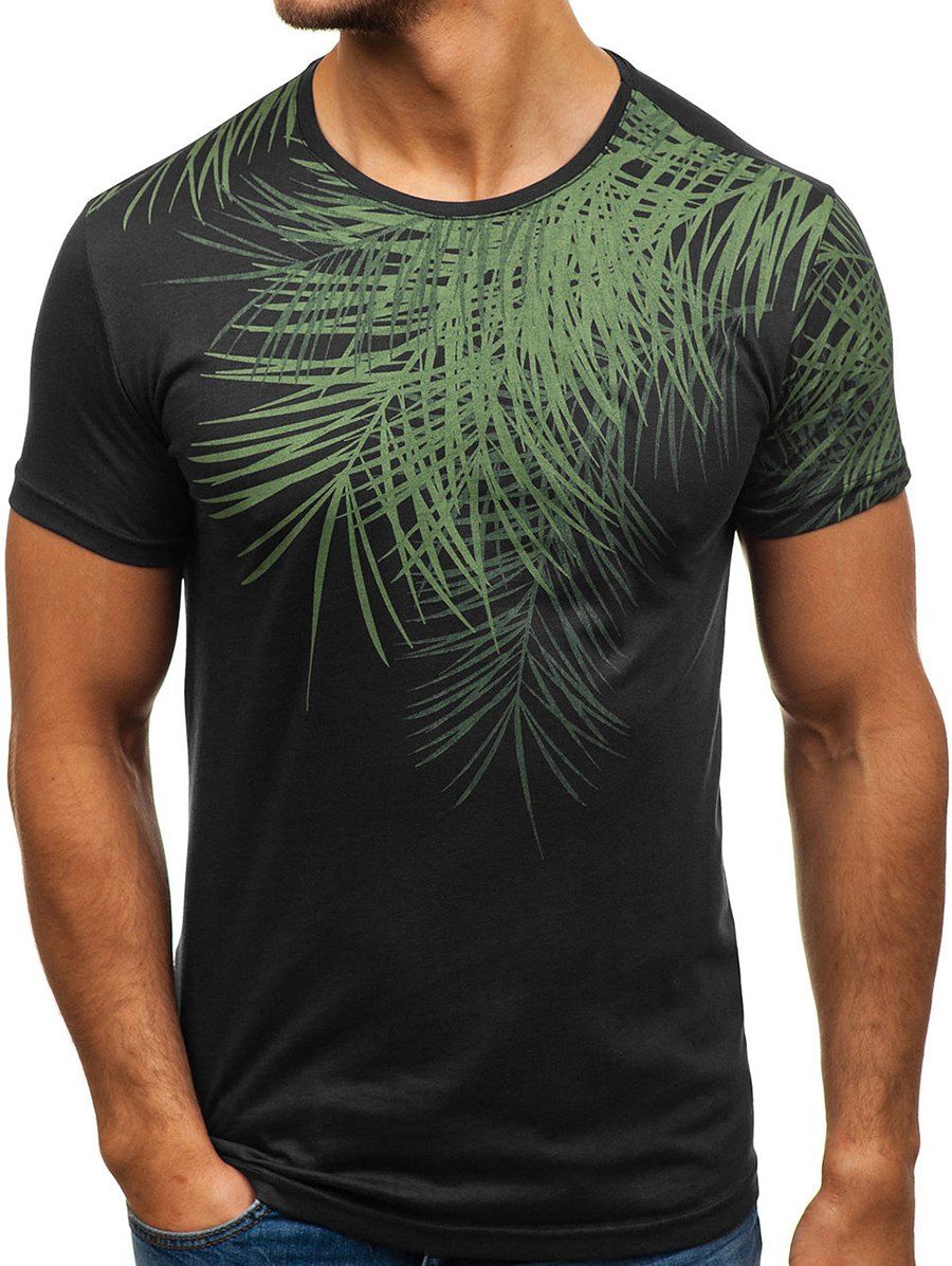 

Leaf Print Round Neck T-shirt, Black