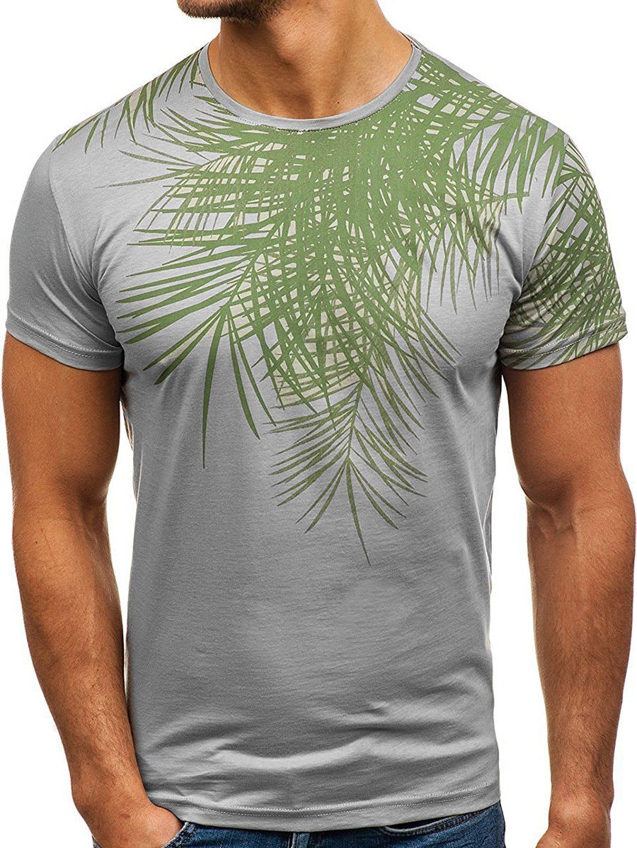 

Leaf Print Round Neck T-shirt, Gray