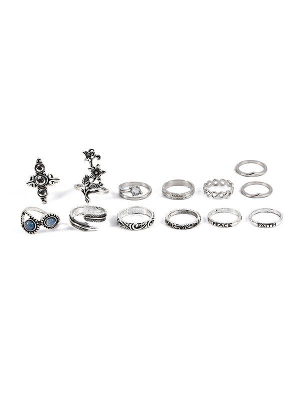 

13Pcs Letter Leaf Flower Ring Set, Silver