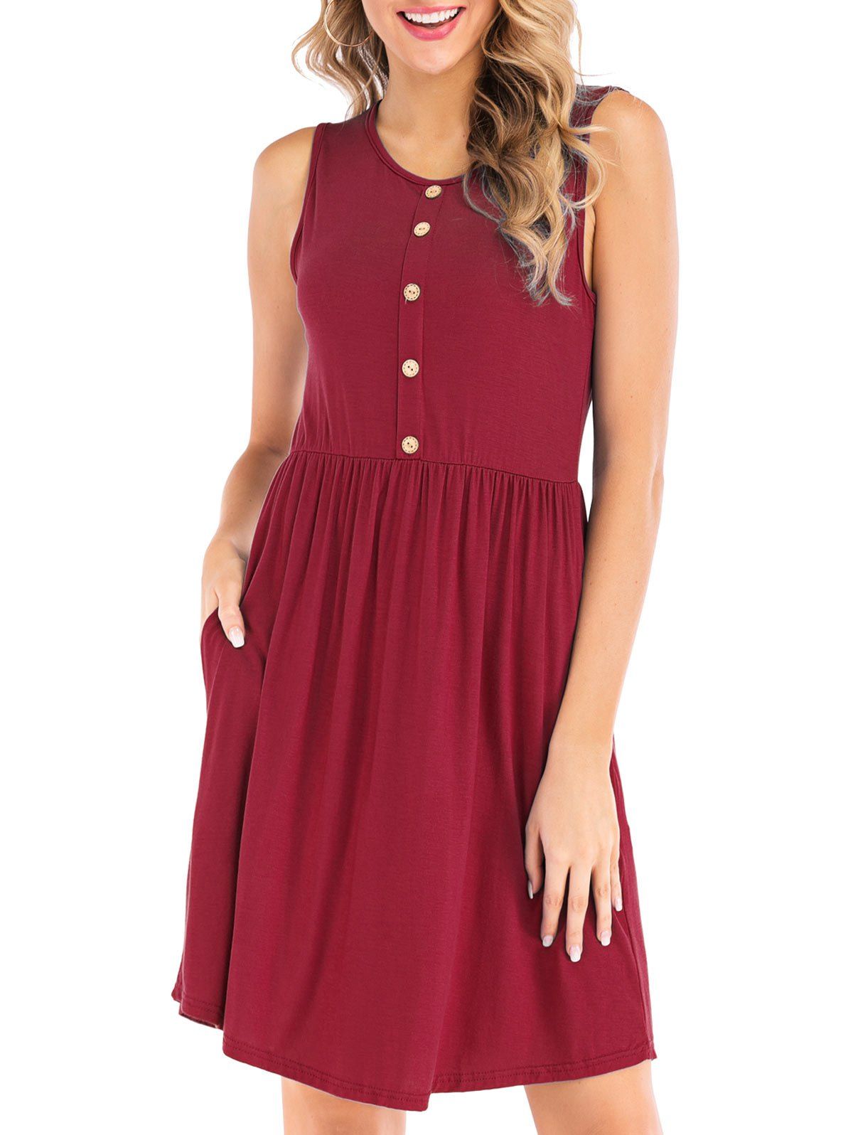 

Button Embellished Sleeveless Dress, Red wine