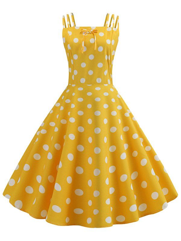 

Bowknot Polka Dot Vintage Strappy Dress, Yellow