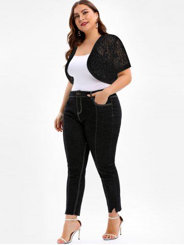 Lace Panel Plus Size Collarless Crop Top