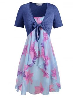 Plus Size Knot Top and Floral Cami Dress - LIGHT BLUE - L
