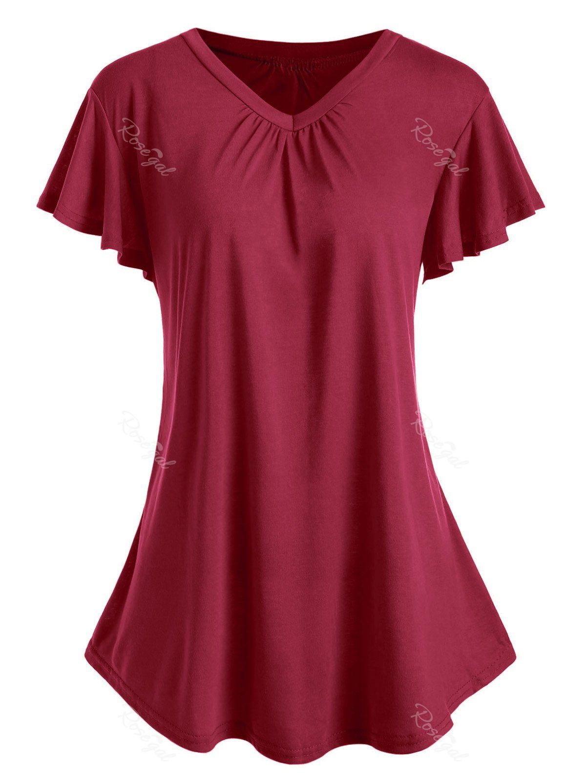 

Plus Size V Neck Flare Sleeve T-shirt, Red wine
