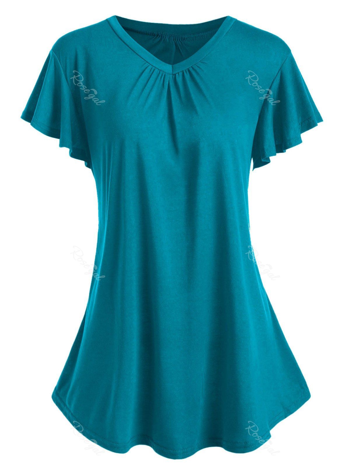 

Plus Size V Neck Flare Sleeve T-shirt, Greenish blue