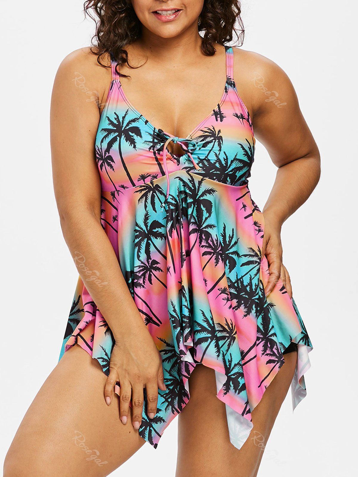

Plus Size Rainbow Palm Print Tankini Set, Pink