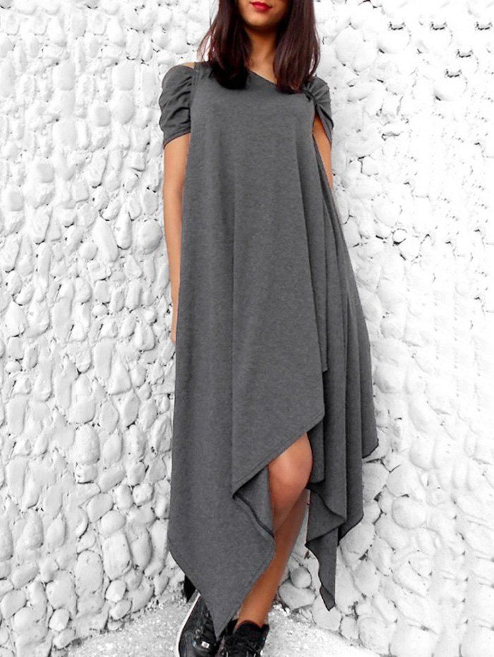 

Skew Collar Asymmetric Casual Dress, Carbon gray