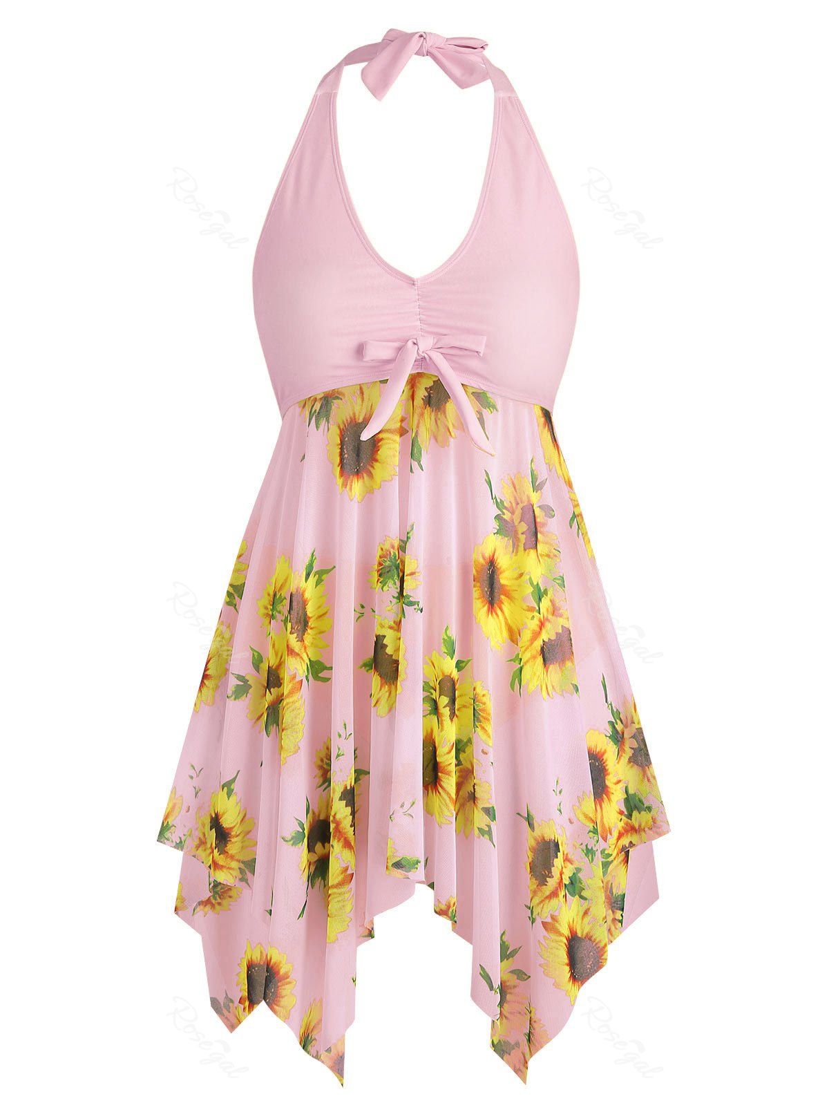 

Bowknot Contrast Sunflower Floral Butterfly Plus Size Tankini Set, Pig pink