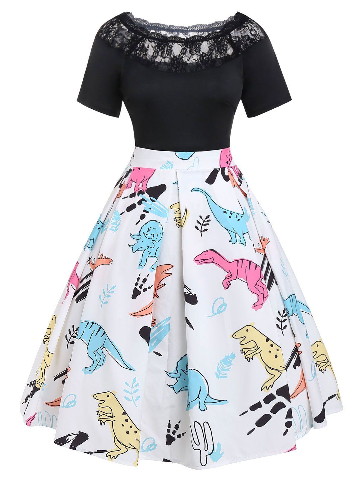 Plus Size Lace Panel Printed Dress, Black