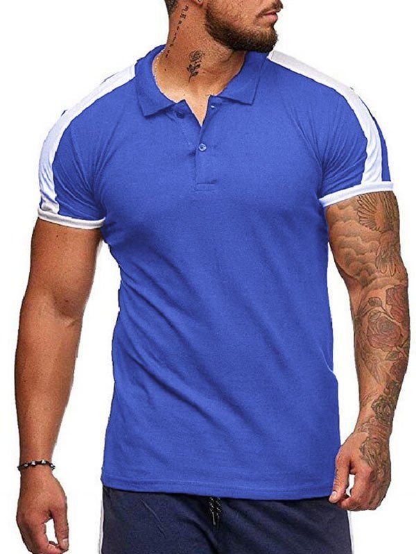 

Contrast Shoulder Shirt Collar T Shirt, Blue