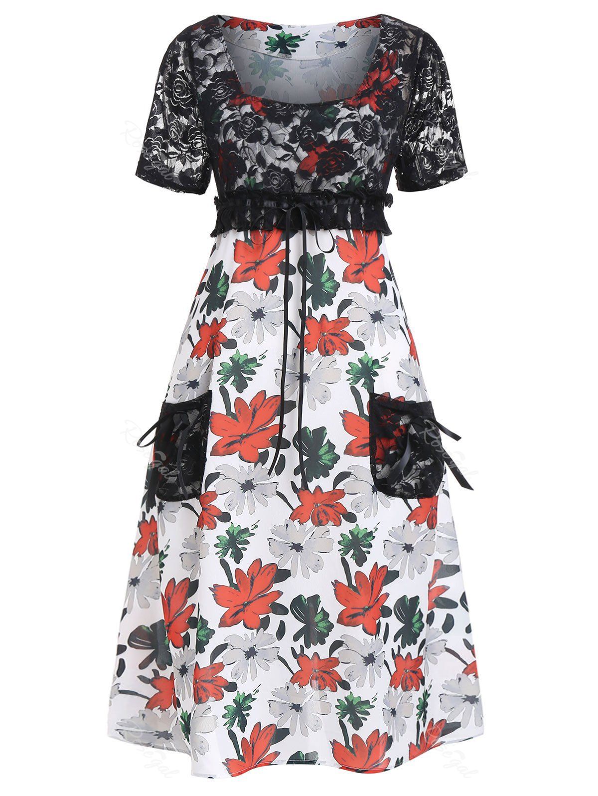 

Plus Size Pockets Lace Panel Printed Dress, Milk white