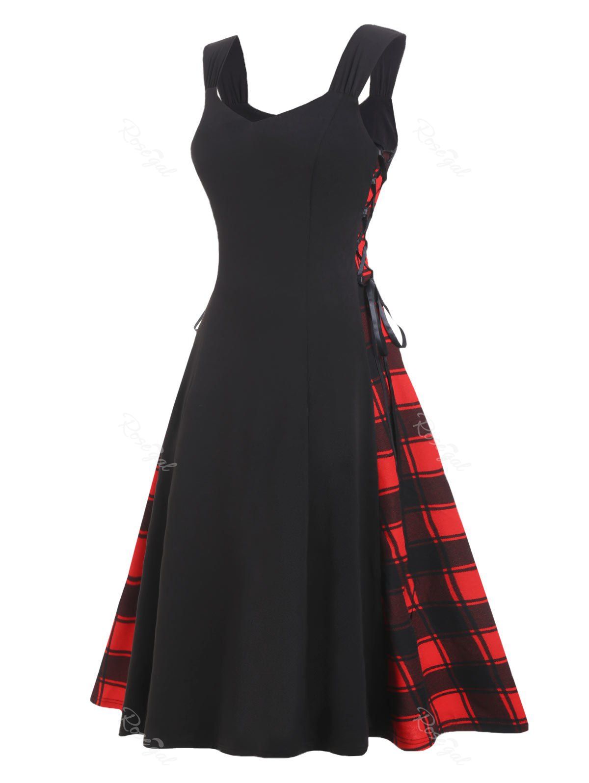 

Plus Size Plaid Panel Sweetheart Neck Vintage Dress, Black