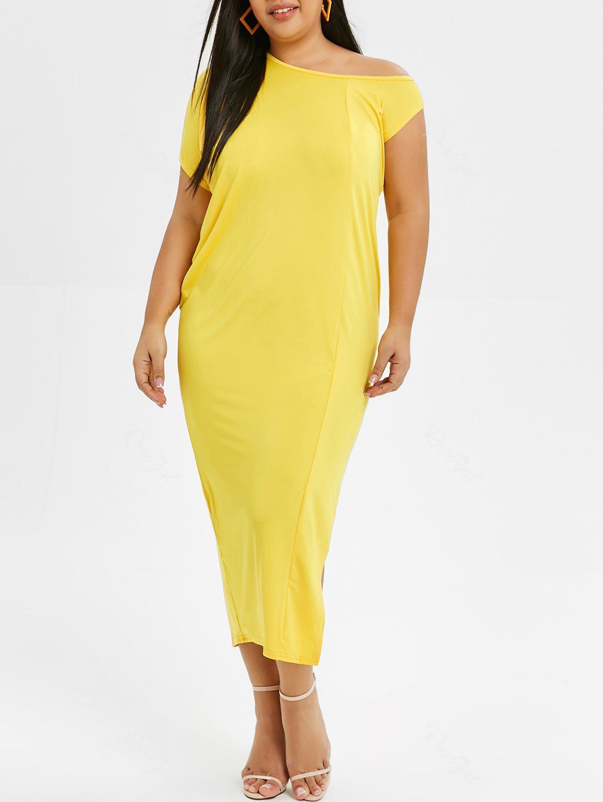 

Plus Size Skew Neck Midi Slit Dress, Yellow