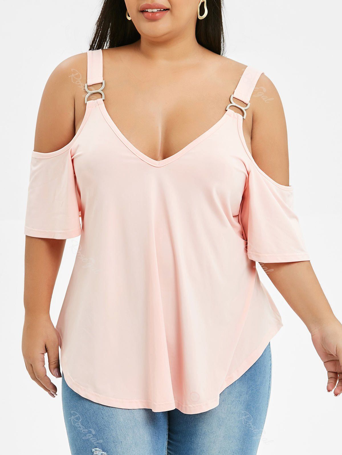 

Plus Size Open Shoulder Tunic T Shirt, Flamingo pink