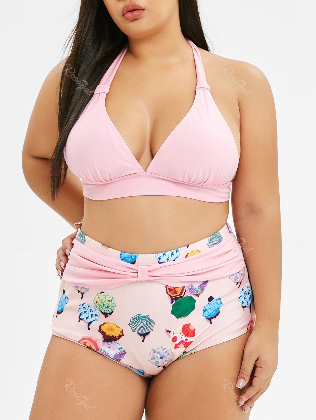 

Plus Size Low Cut Front Knot Bikini Set, Pig pink