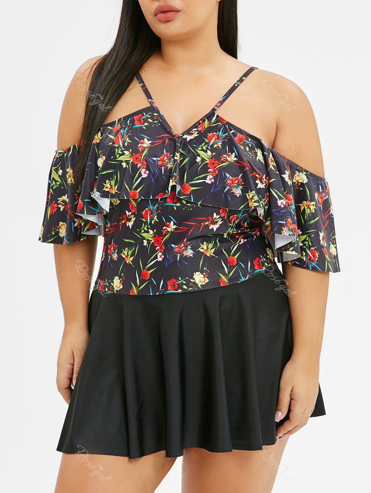 

Floral Open Shoulder Plus Size Two Piece Swimwear, Multi