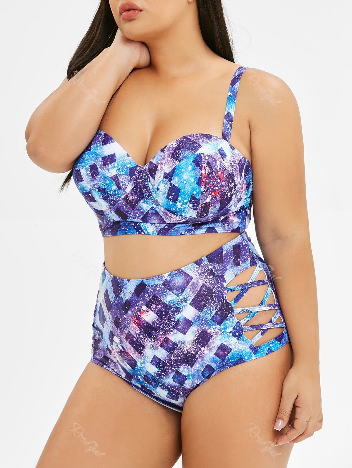 

Plus Size Criss Cross Starry Sky Print Bikini Set, Multi-a