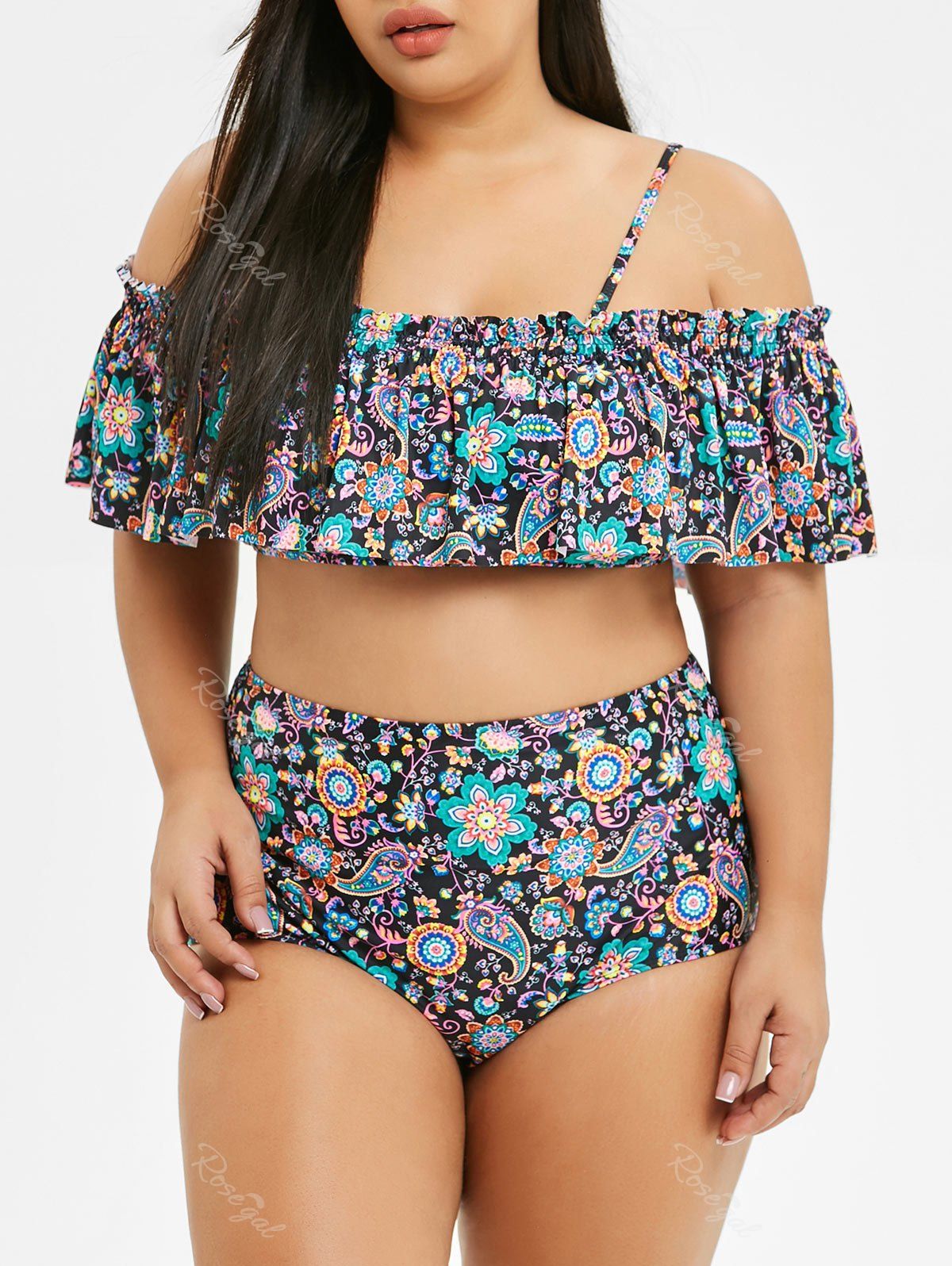 

Plus Size Cold Shoulder Tribal Print Ruffle Bikini Set, Multi