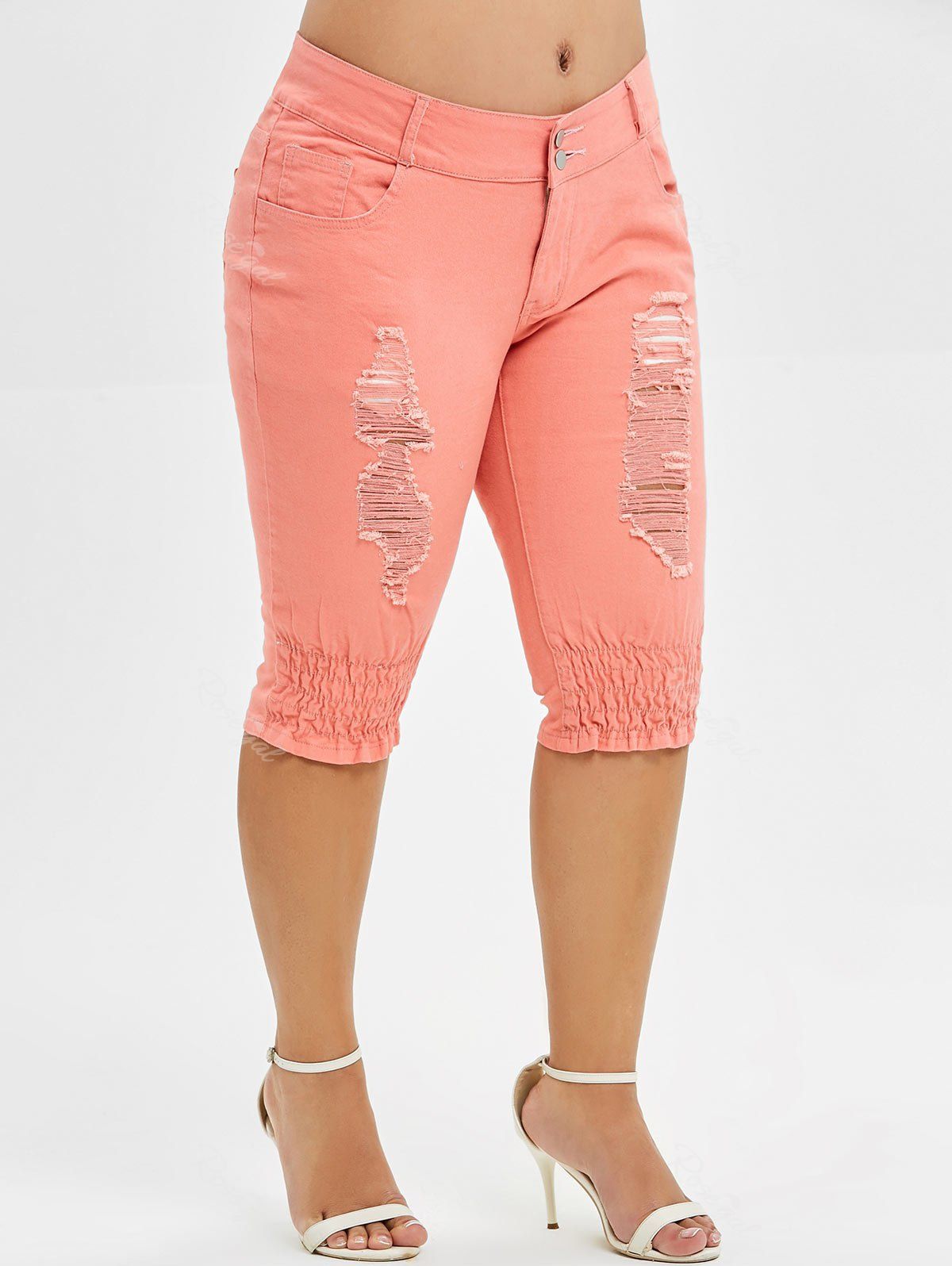 Plus Size Ripped Knee Length Jeans, Orange pink