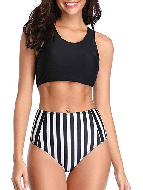 

Scoop Neck Striped Padded Bikini Set, Black