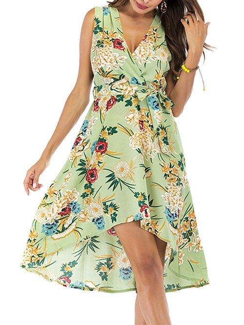 

Flower Belted Sleeveless Asymmetrical Dress, Green