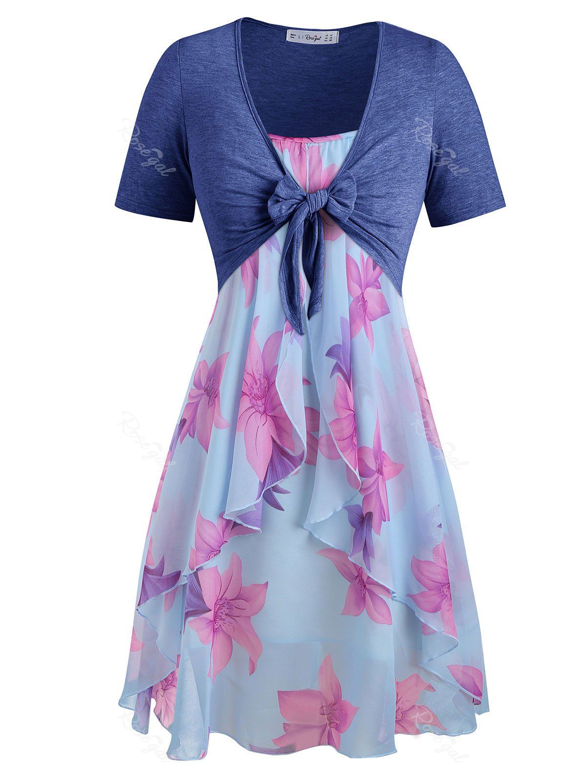 

Plus Size Knot Top and Floral Cami Dress, Light blue