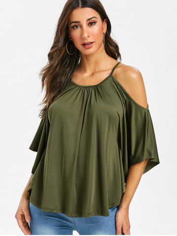 

Cold Shoulder Batwing Sleeve Ruched T Shirt, Army green