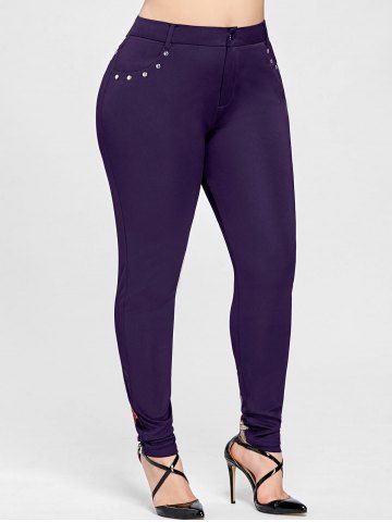 

Floral Embroidery Rivet Plus Size Pencil Pants, Purple iris