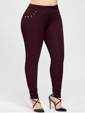 

Floral Embroidery Rivet Plus Size Pencil Pants, Blood red