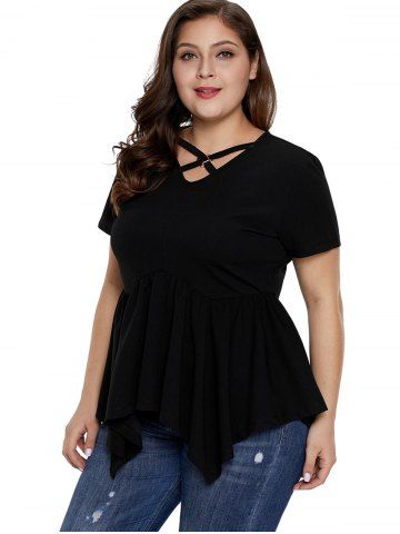 

Short Sleeve Skirted Criss Cross Plus Size Top, Black