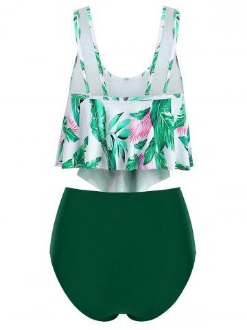 

Leaf Print Flounce Plus Size Ruched Bikini Set, Deep green