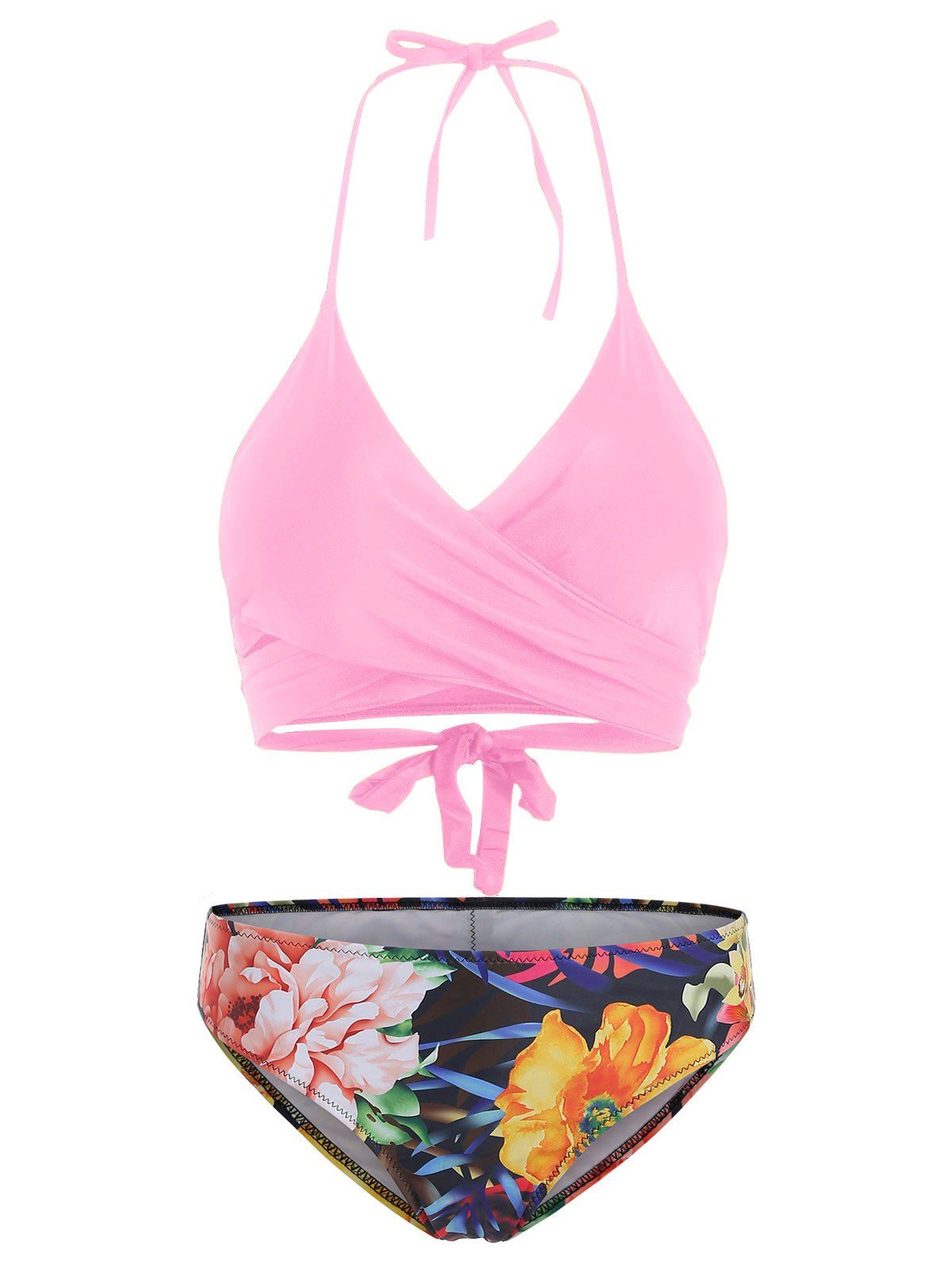 

Halter Neck Floral Print Padded Bikini Set, Pink