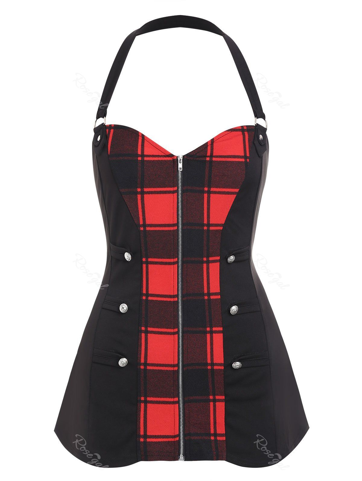 

Plus Size Zippered Open Back Plaid Panel Tank Top, Jet black