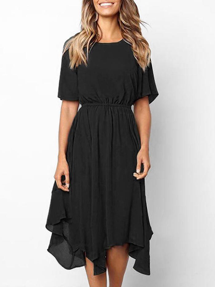 

Short Sleeve Asymmetrical Midi Dress, Black