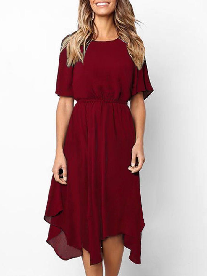 

Short Sleeve Asymmetrical Midi Dress, Firebrick